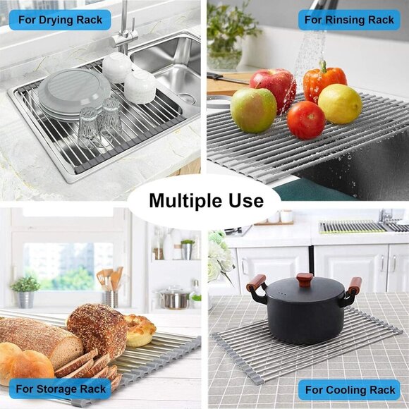 Over The Sink Dish Drying Rack, Roll up Sink Dish Drainer Rack Foldable Kitchen - Picture 6 of 7